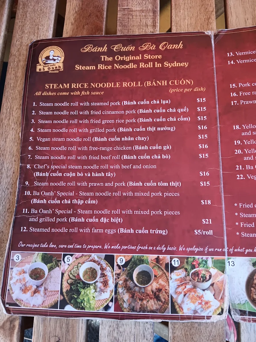Menu, Banh Cuon Ba Oanh The Original Store Marrickville