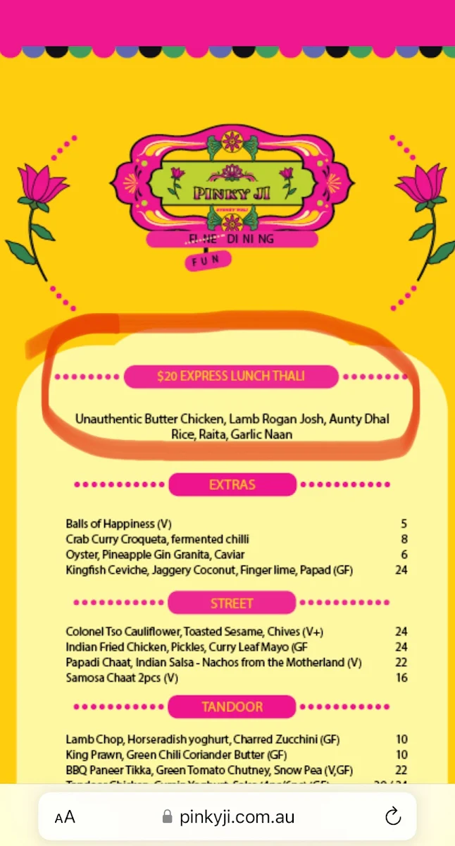 Menu, Pinky Ji