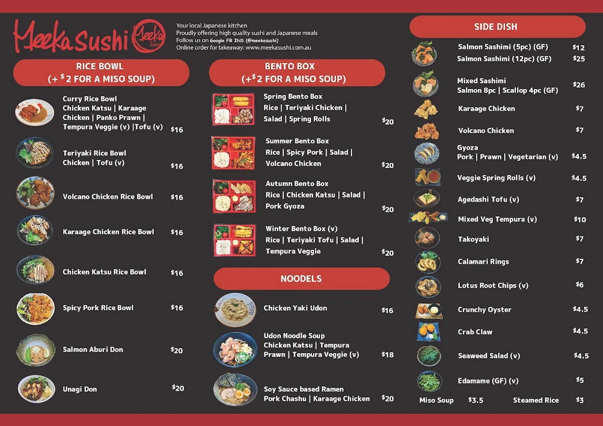 Menu, Meeka Sushi