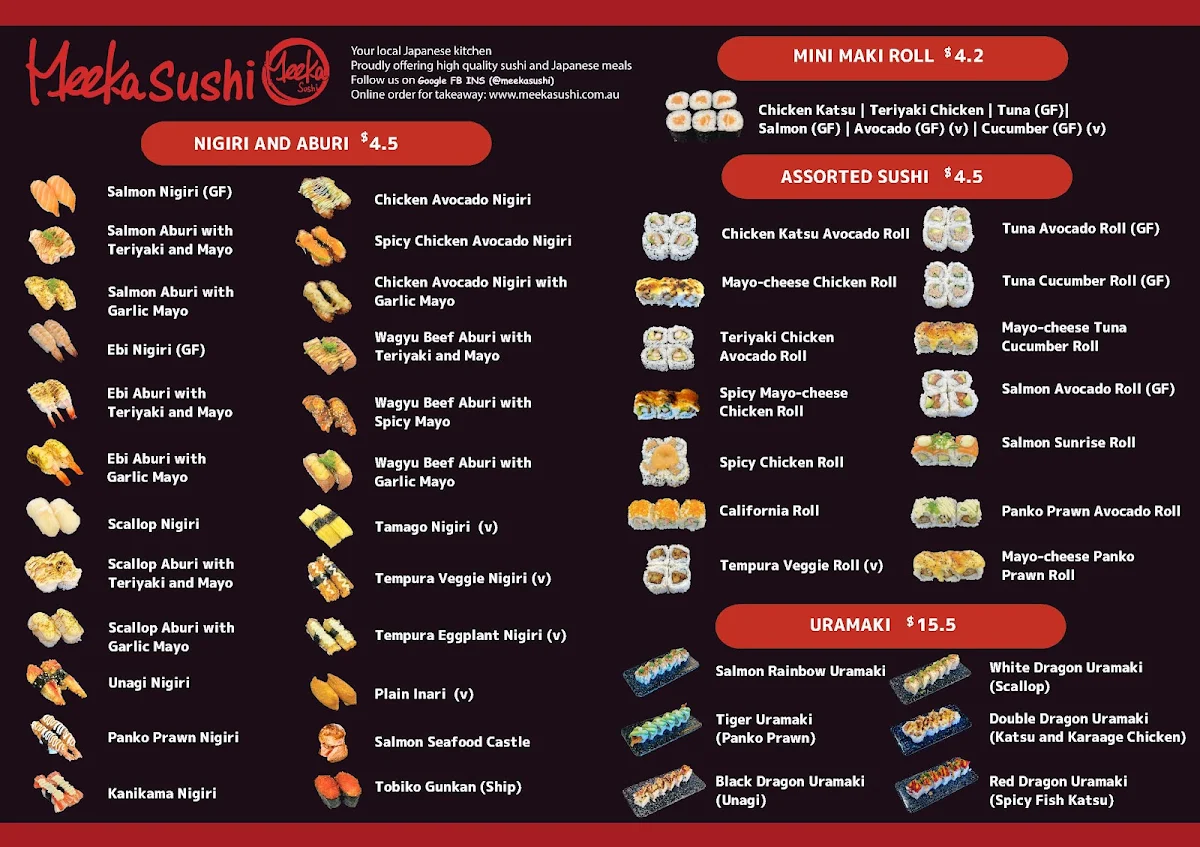 Menu, Meeka Sushi