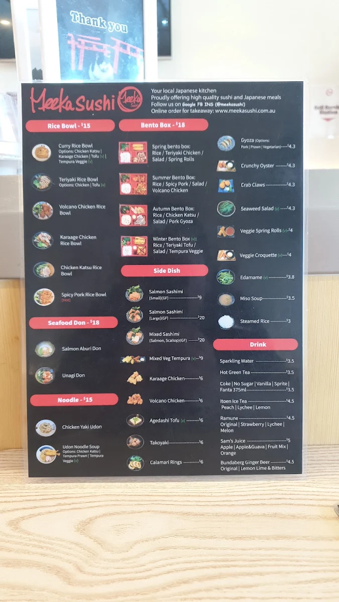 Menu, Meeka Sushi