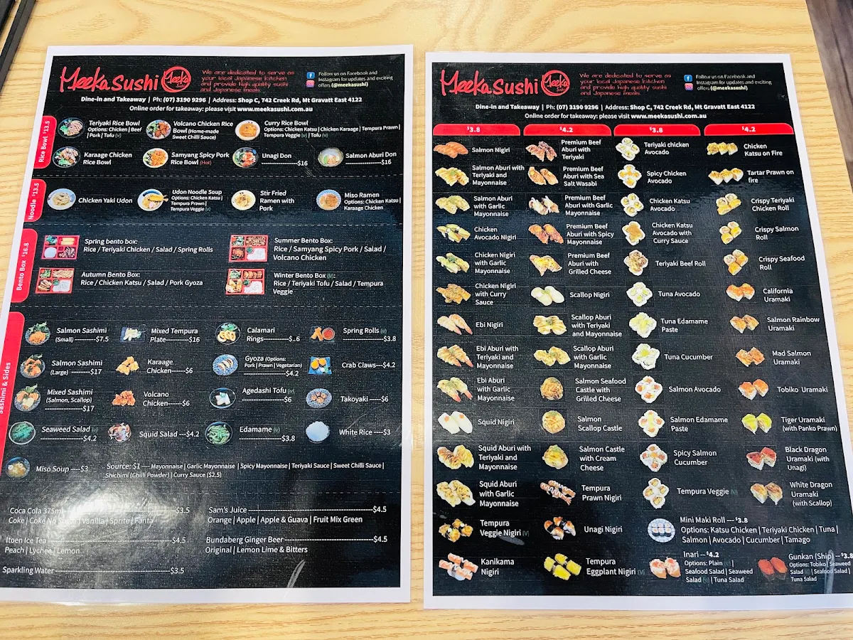 Menu, Meeka Sushi