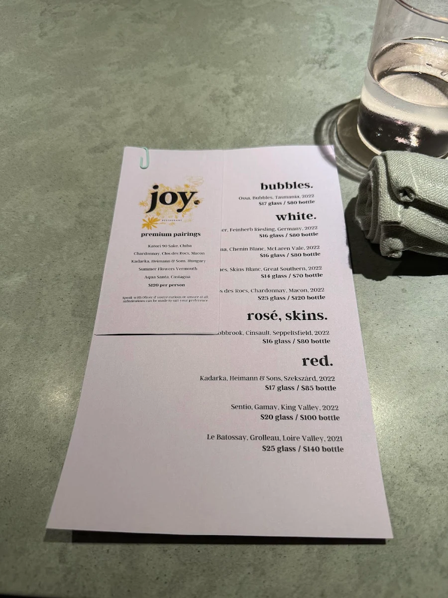 Menu, Joy Restaurant