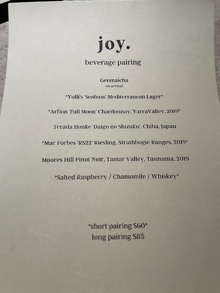 Menu, Joy Restaurant