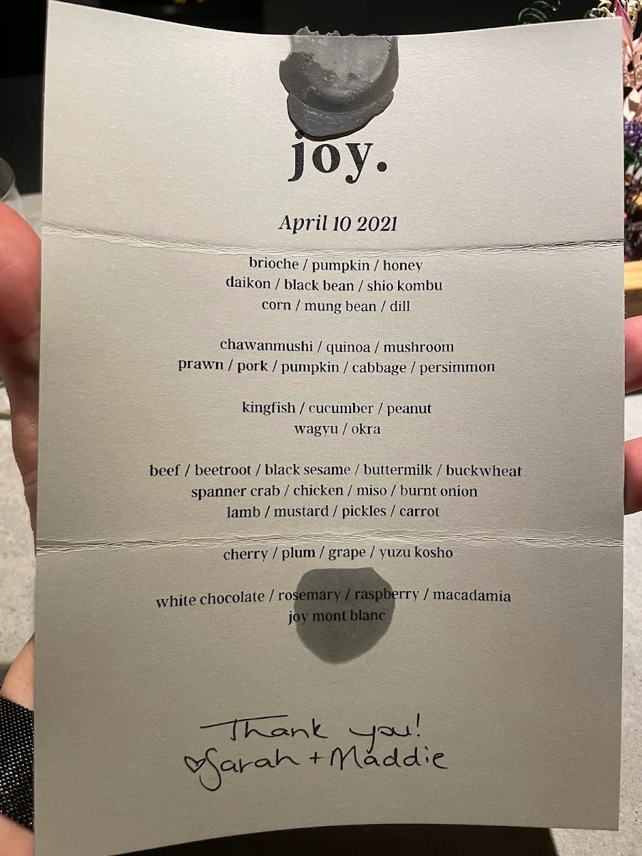 Menu, Joy Restaurant