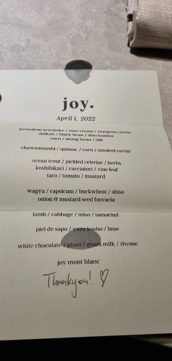 Menu, Joy Restaurant