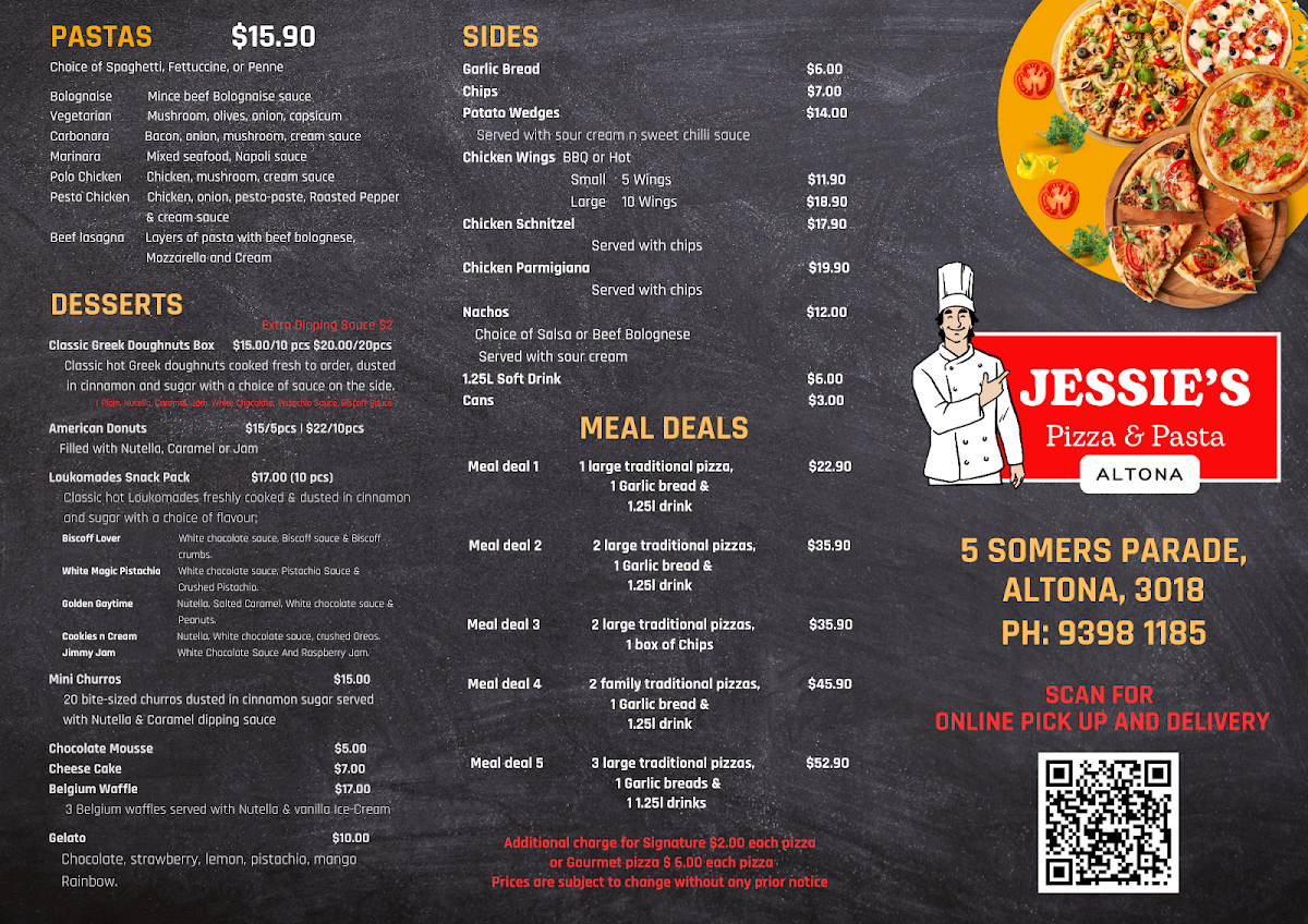 Menu, Jessies Pizza & Pasta Altona