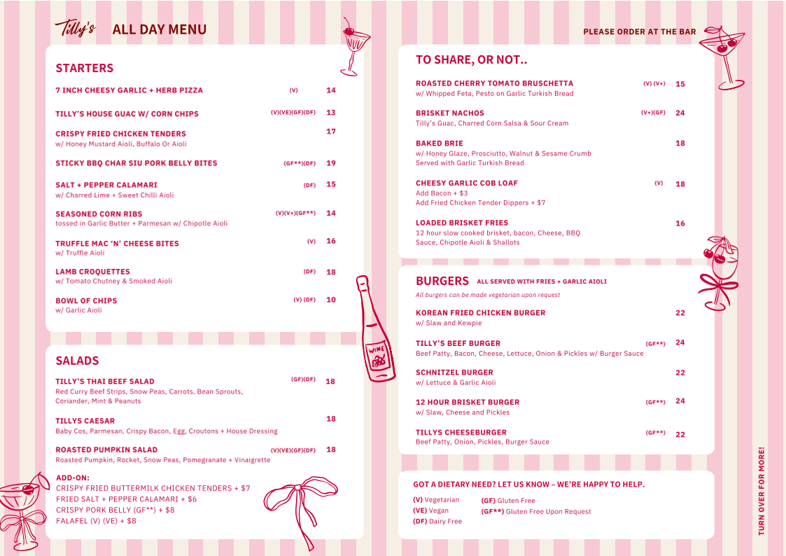 Menu, Tilly's Wagga
