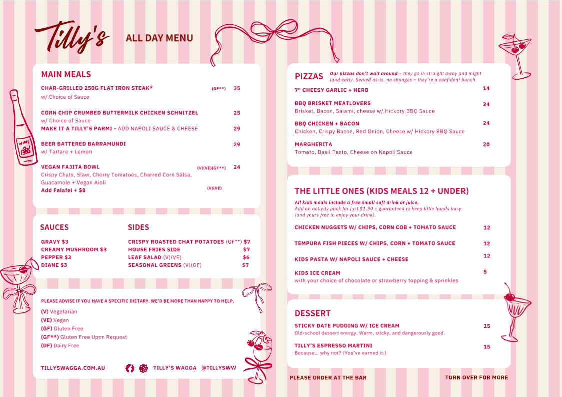 Menu, Tilly's Wagga