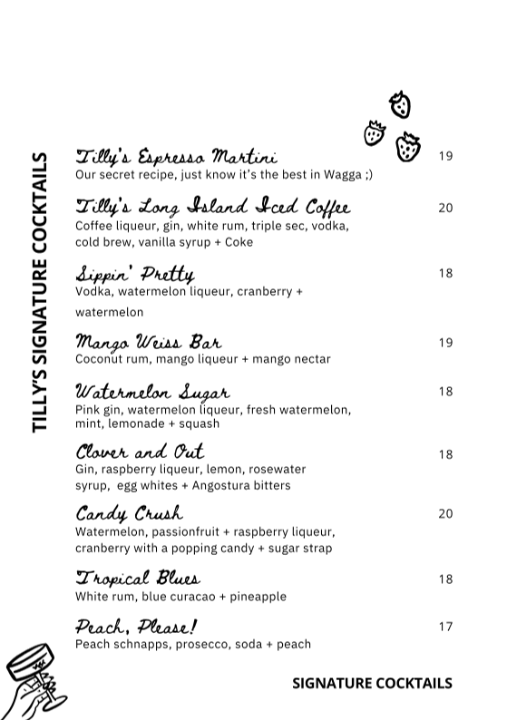 Menu, Tilly's Wagga