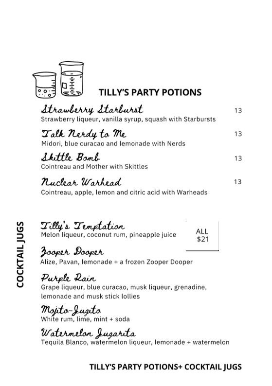 Menu, Tilly's Wagga