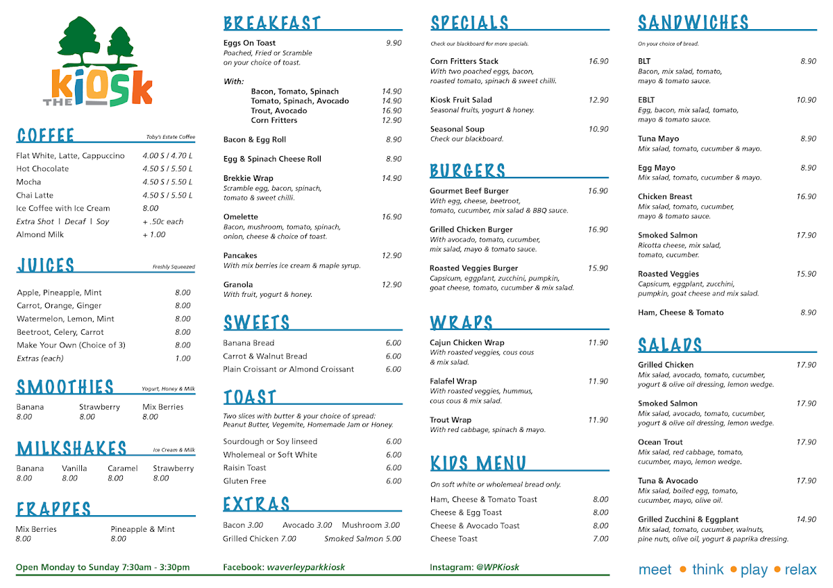 Menu, Waverley Park Kiosk