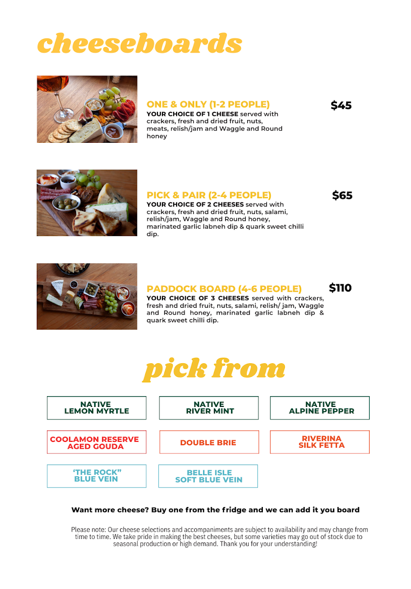 Menu, Coolamon Cheese Co