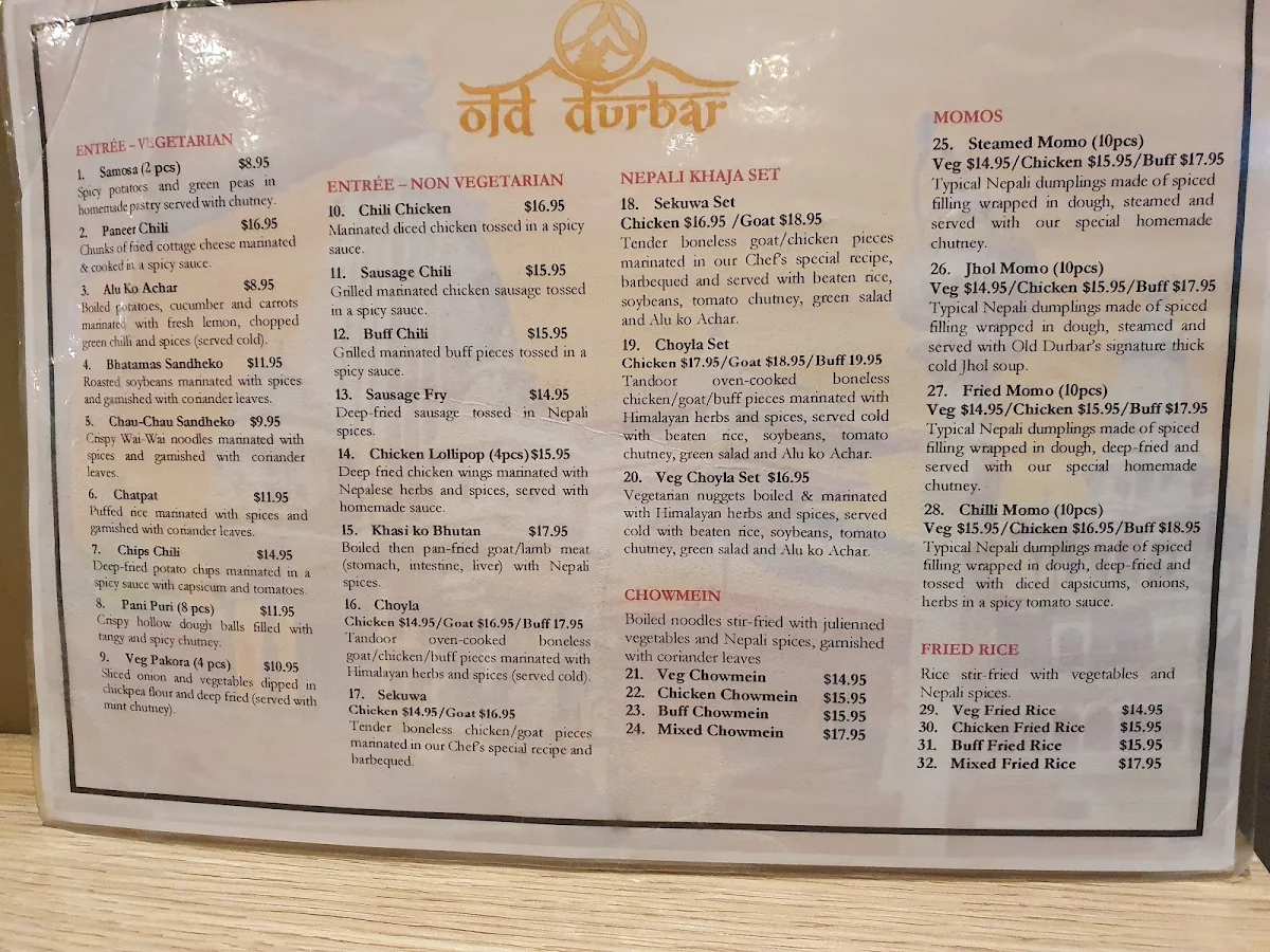 Menu, Old Durbar Nepalese & Indian Restaurant in Flinders, Melbourne