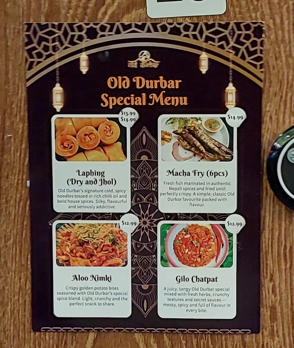 Menu, Old Durbar Nepalese & Indian Restaurant in Flinders, Melbourne