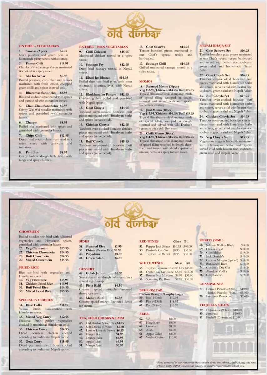 Menu, Old Durbar Nepalese & Indian Restaurant in Flinders, Melbourne