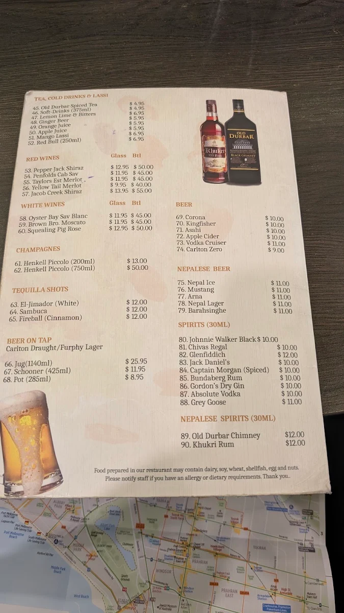Menu, Old Durbar Nepalese & Indian Restaurant in Flinders, Melbourne