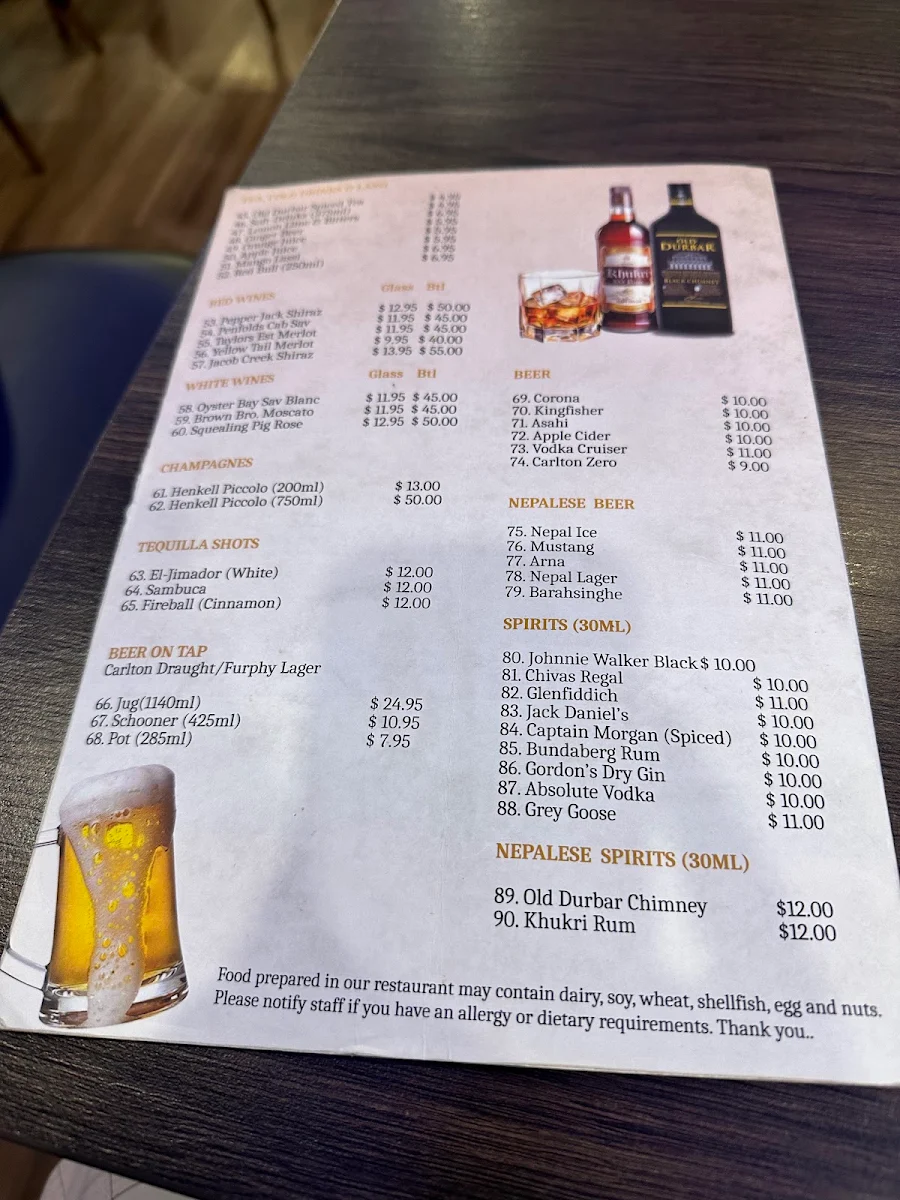 Menu, Old Durbar Nepalese & Indian Restaurant in Flinders, Melbourne