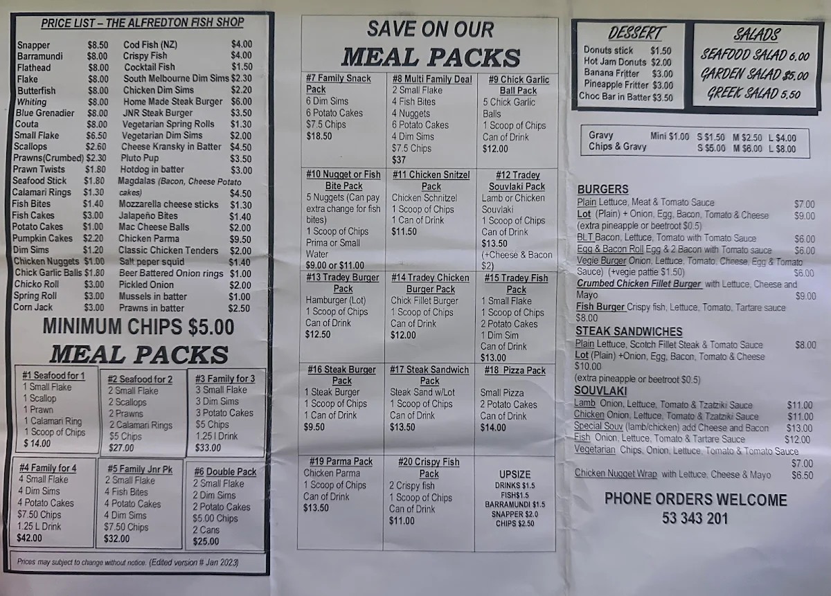 Menu, The Alfredton Fish Shop