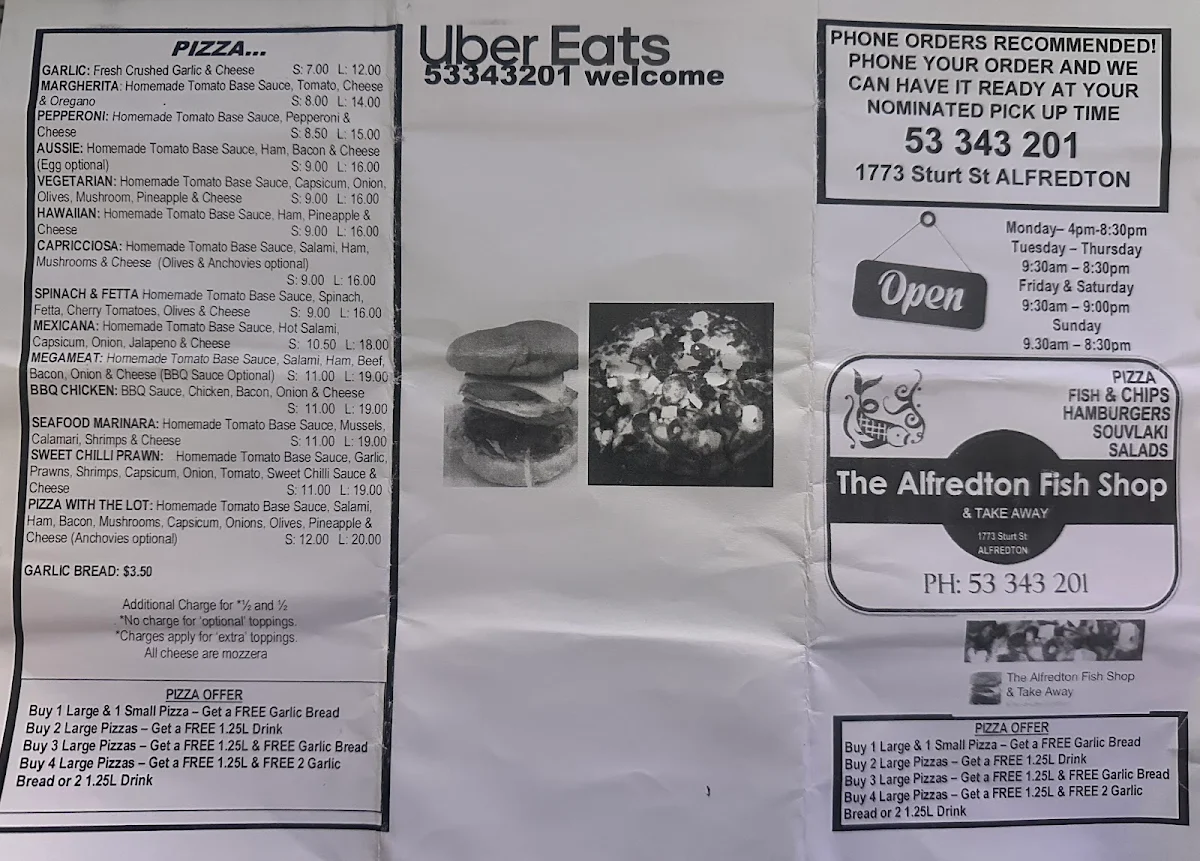 Menu, The Alfredton Fish Shop