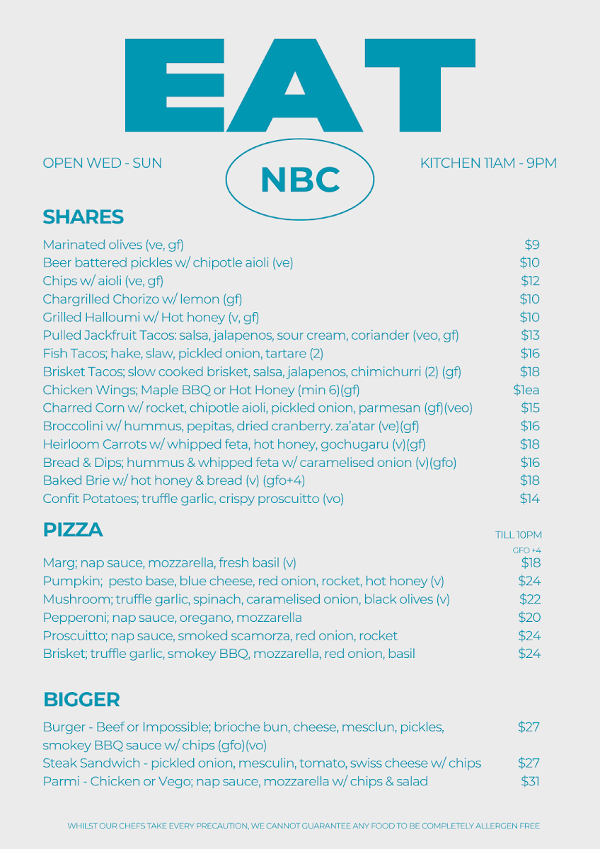 Menu, Northbridge Brewing Company