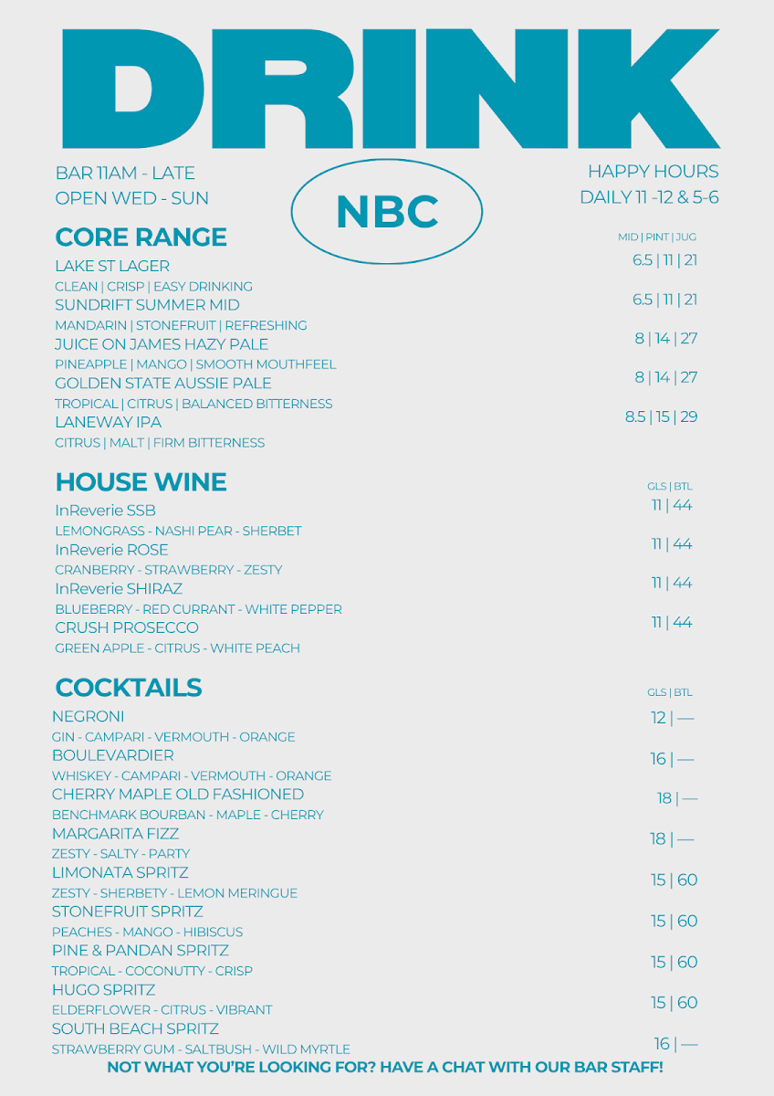 Menu, Northbridge Brewing Company