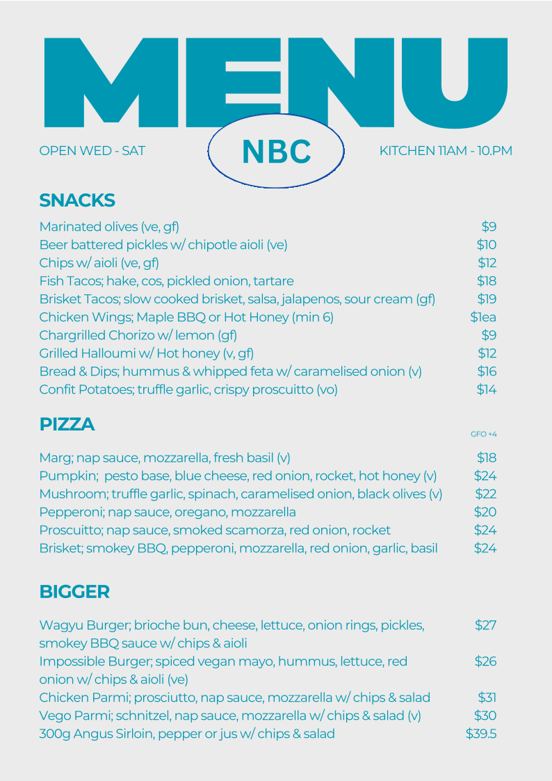 Menu, Northbridge Brewing Company