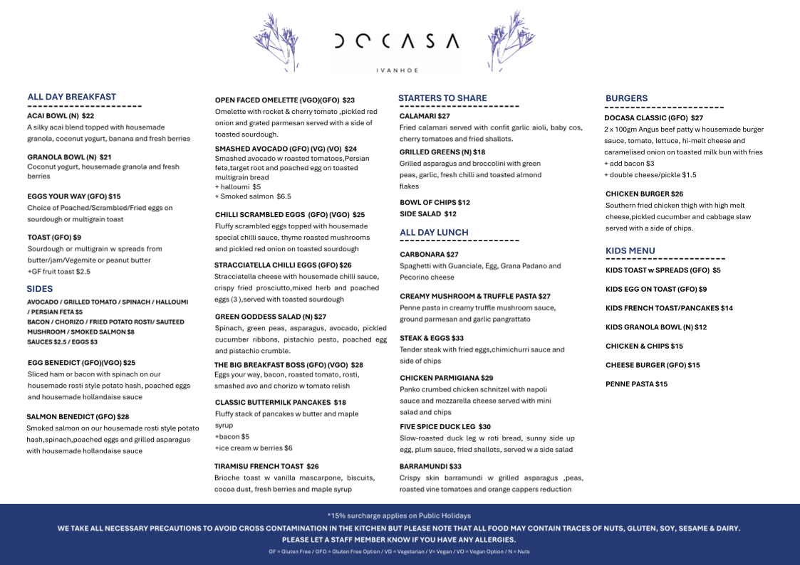 Menu, DOCASA