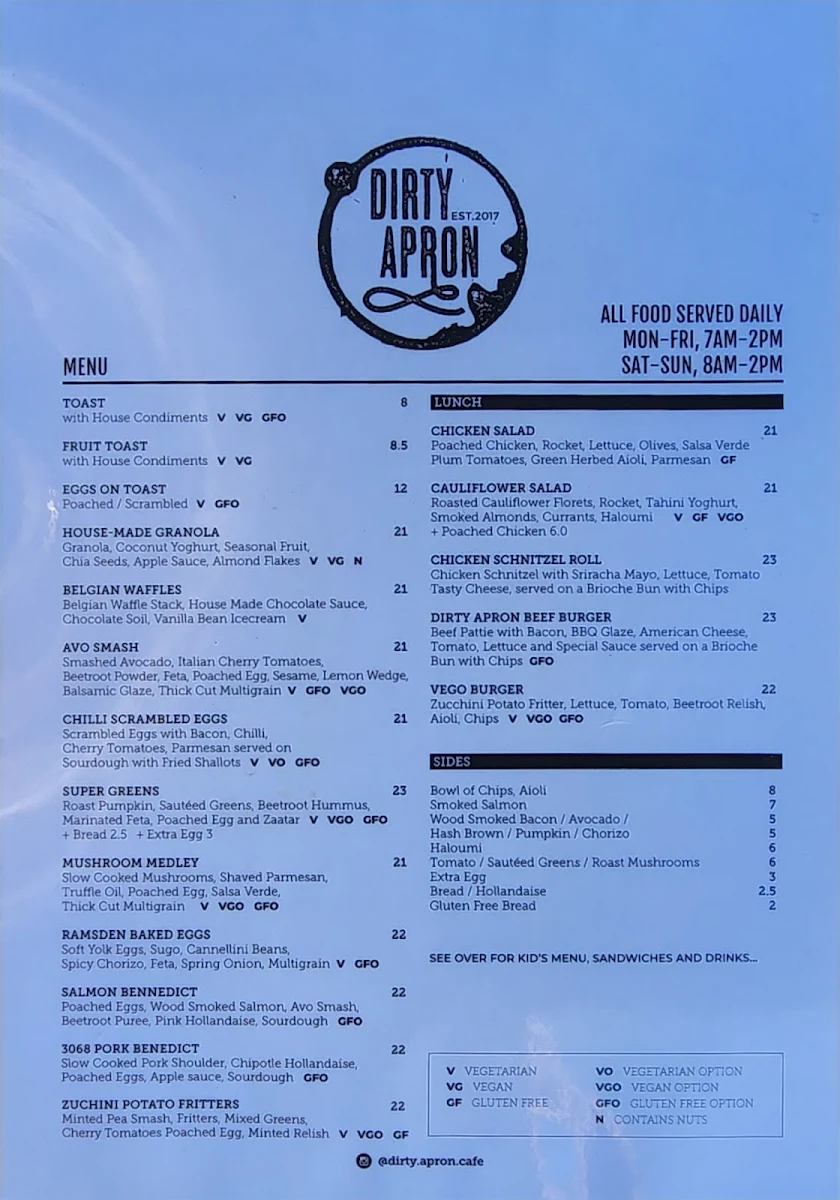 Menu, Dirty Apron Cafe