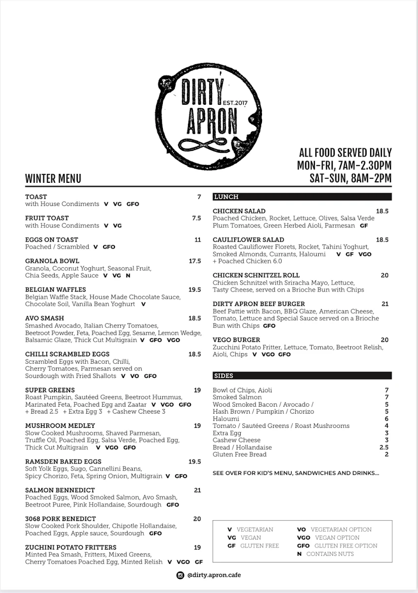 Menu, Dirty Apron Cafe