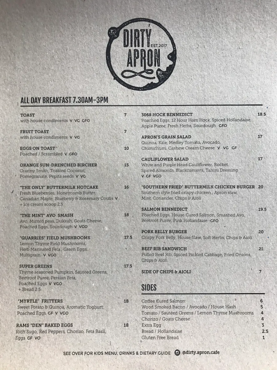Menu, Dirty Apron Cafe