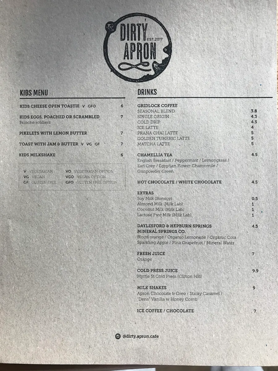 Menu, Dirty Apron Cafe