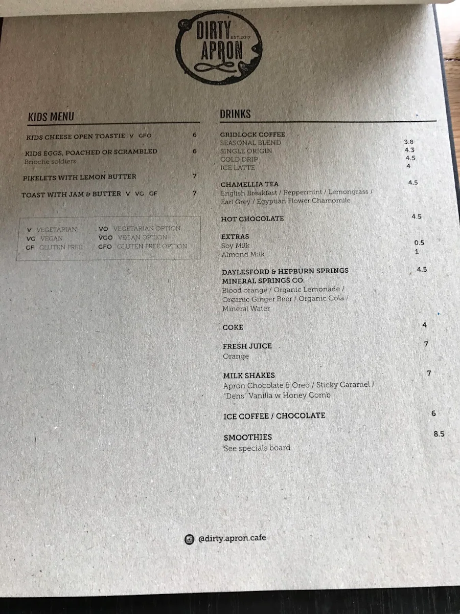 Menu, Dirty Apron Cafe