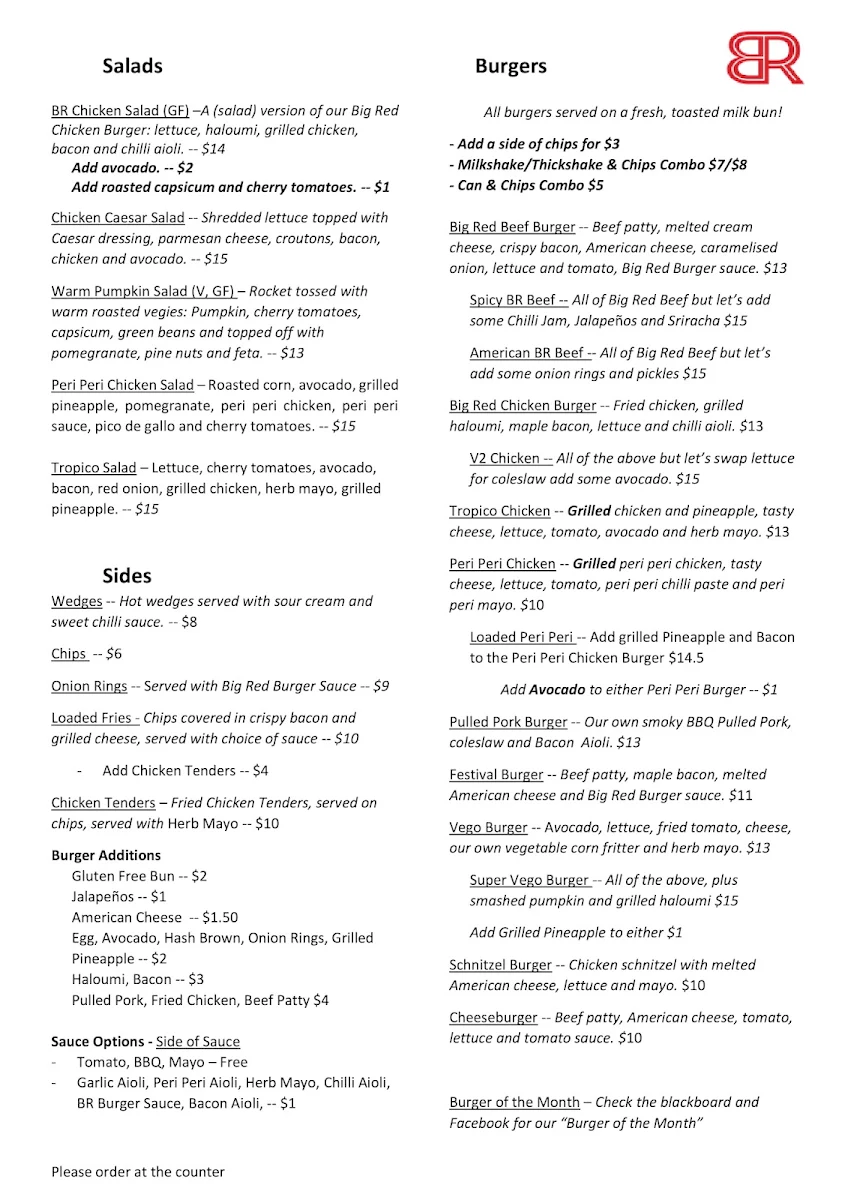 Menu, Big Red Cafe