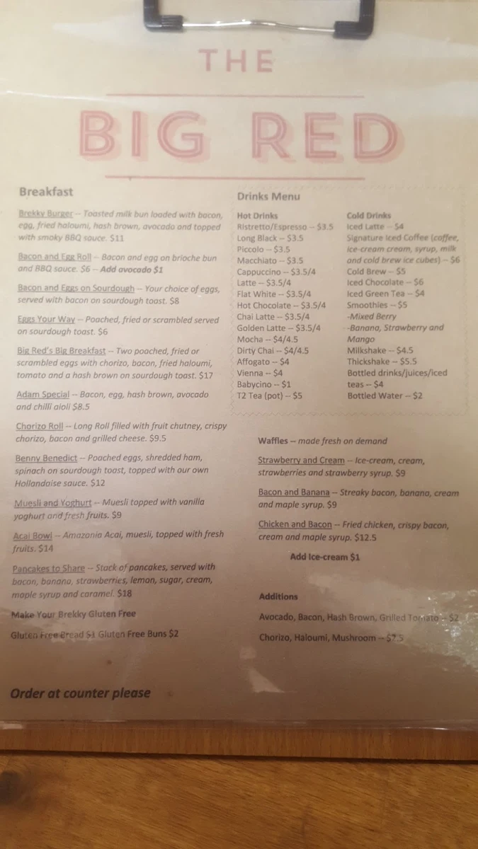 Menu, Big Red Cafe