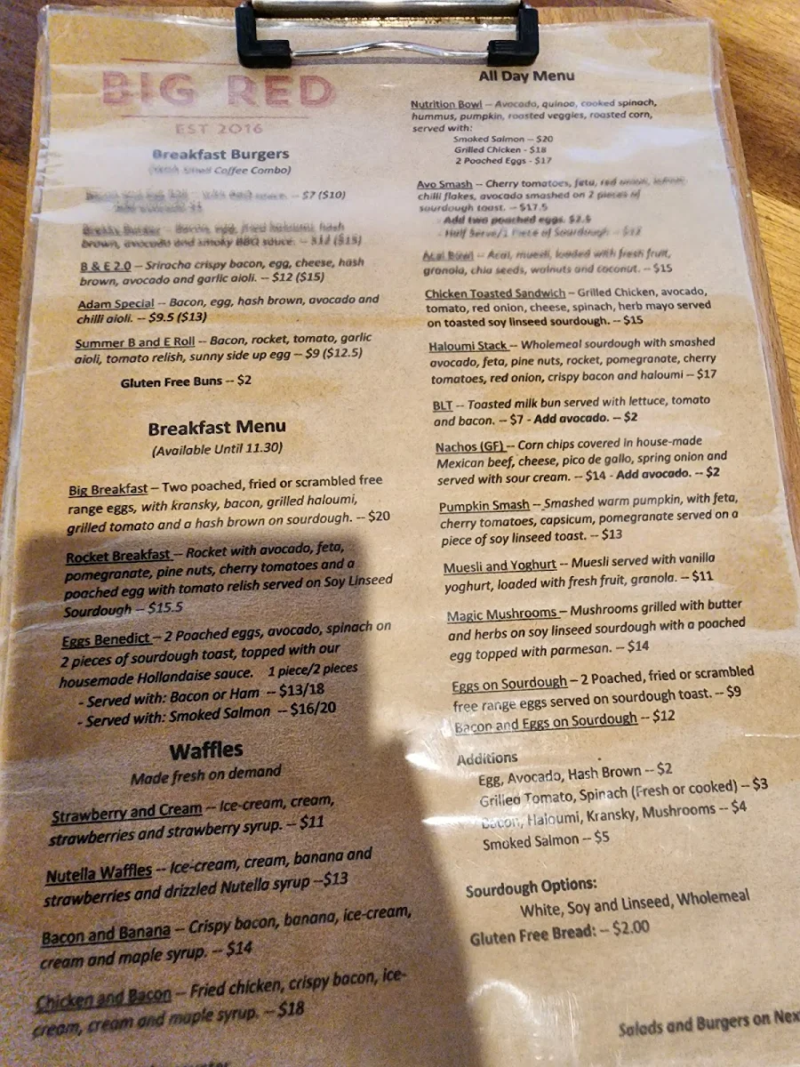 Menu, Big Red Cafe