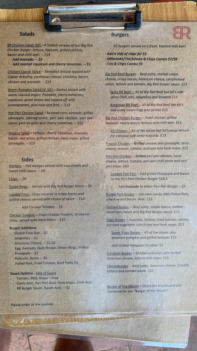Menu, Big Red Cafe