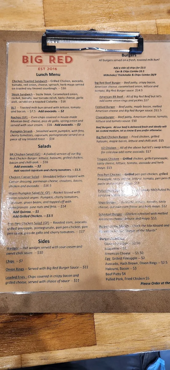 Menu, Big Red Cafe