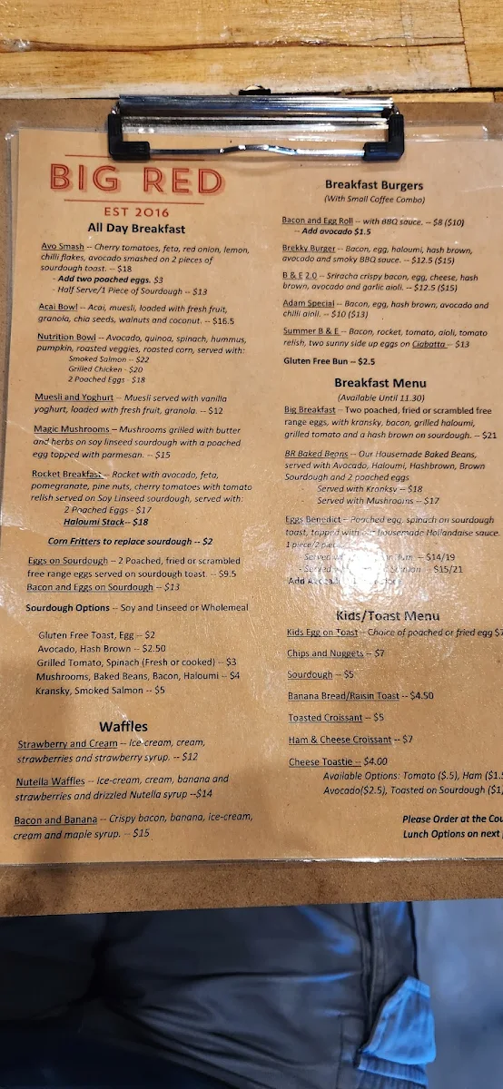 Menu, Big Red Cafe