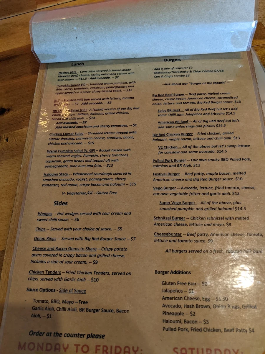 Menu, Big Red Cafe