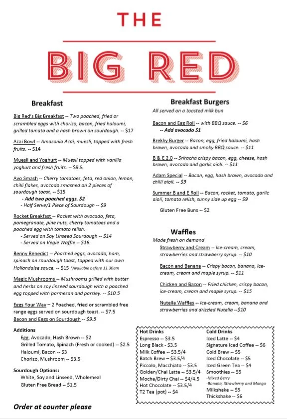 Menu, Big Red Cafe