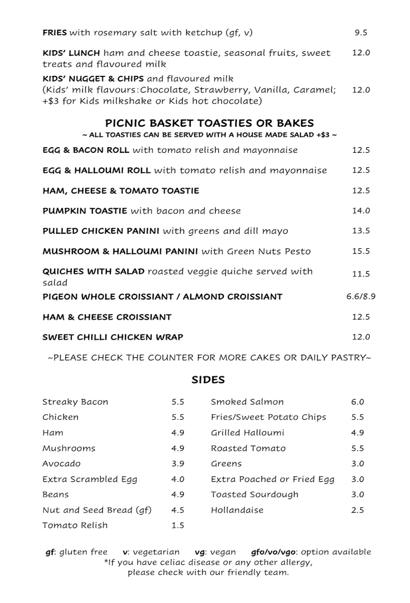 Menu, The Picnic Basket Café