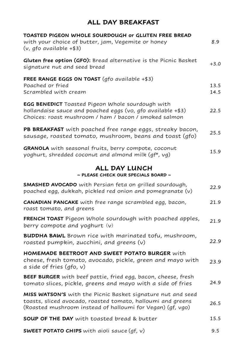 Menu, The Picnic Basket Café