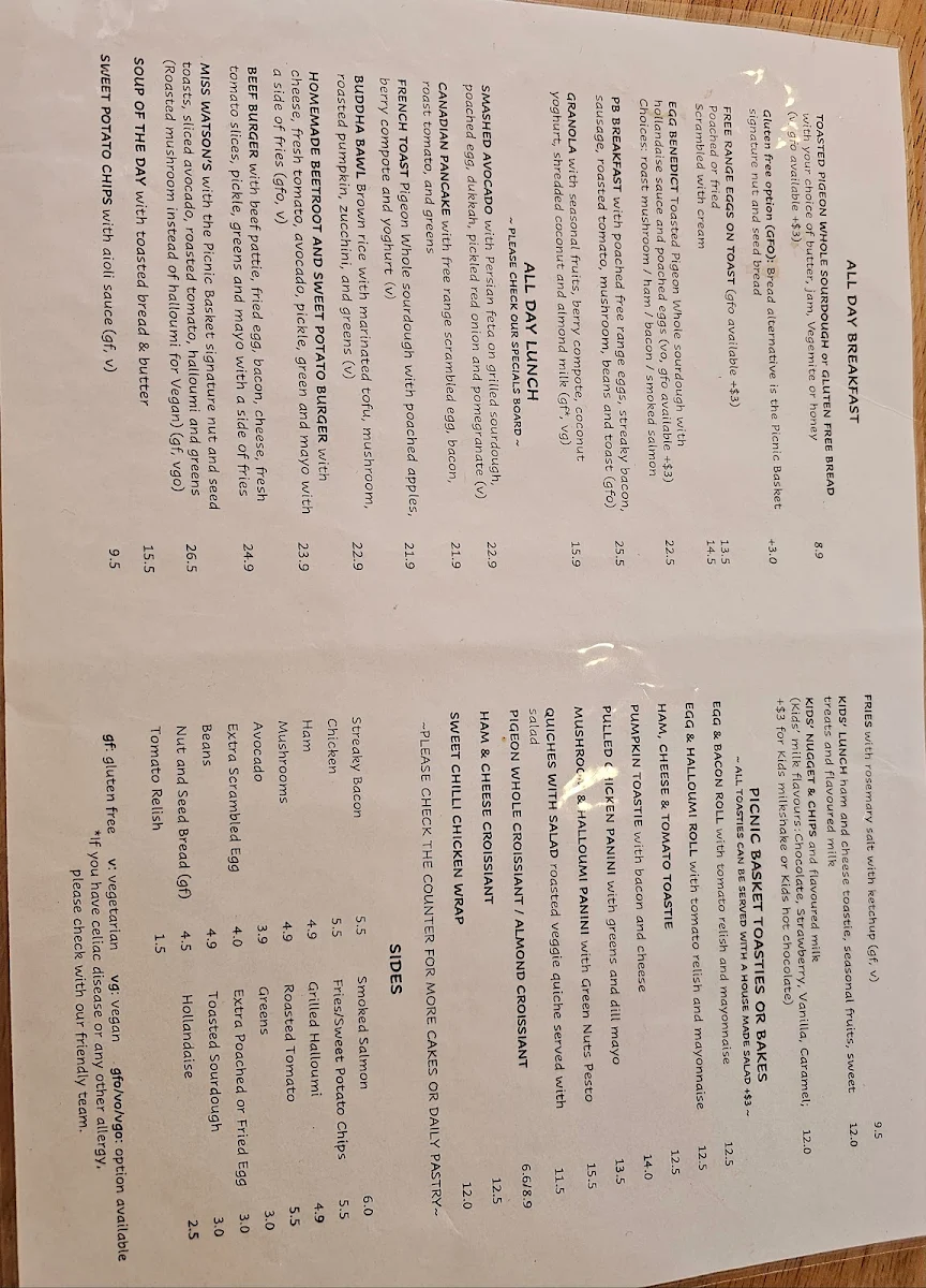 Menu, The Picnic Basket Café