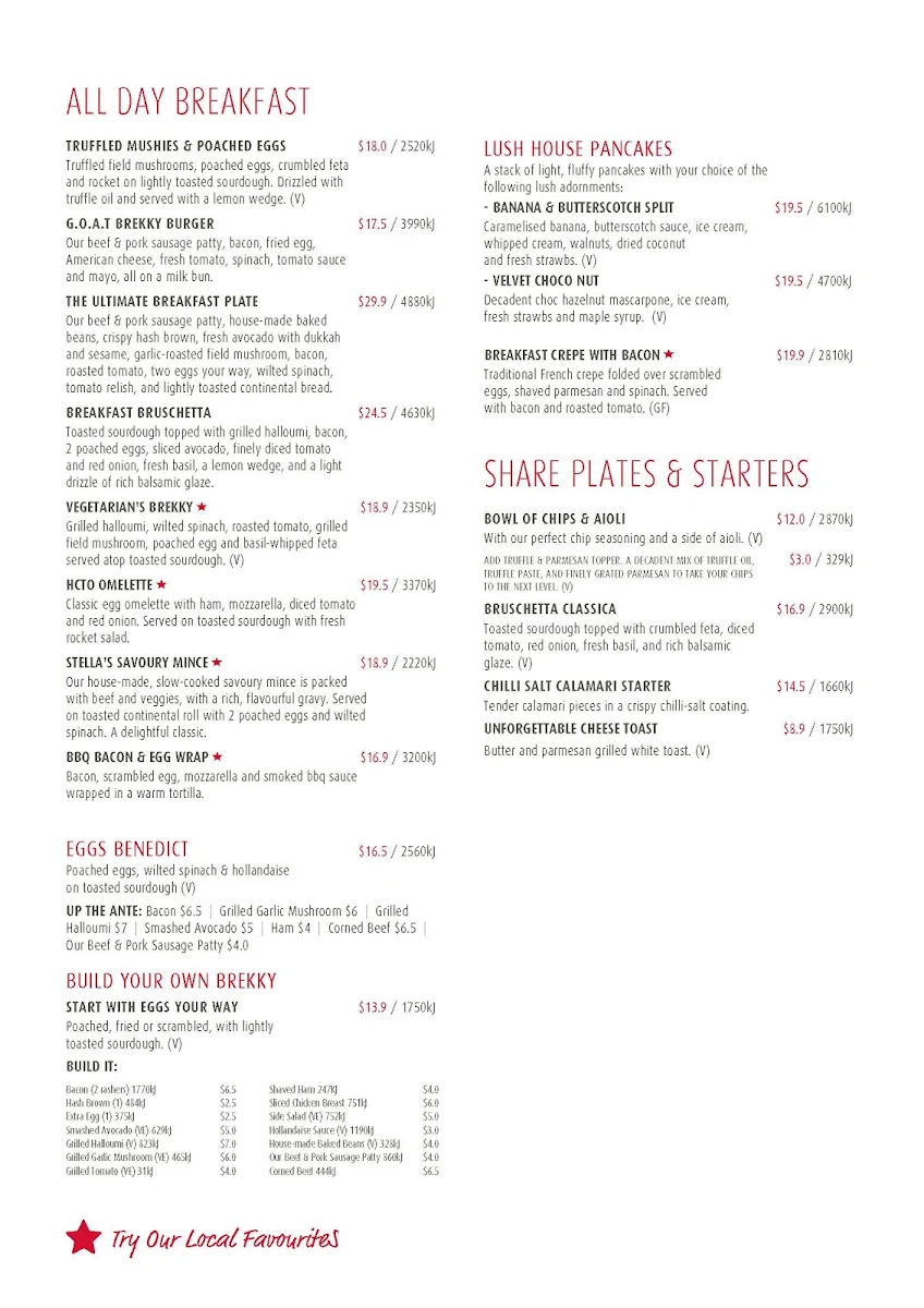Menu, Stellarossa Mt Pleasant