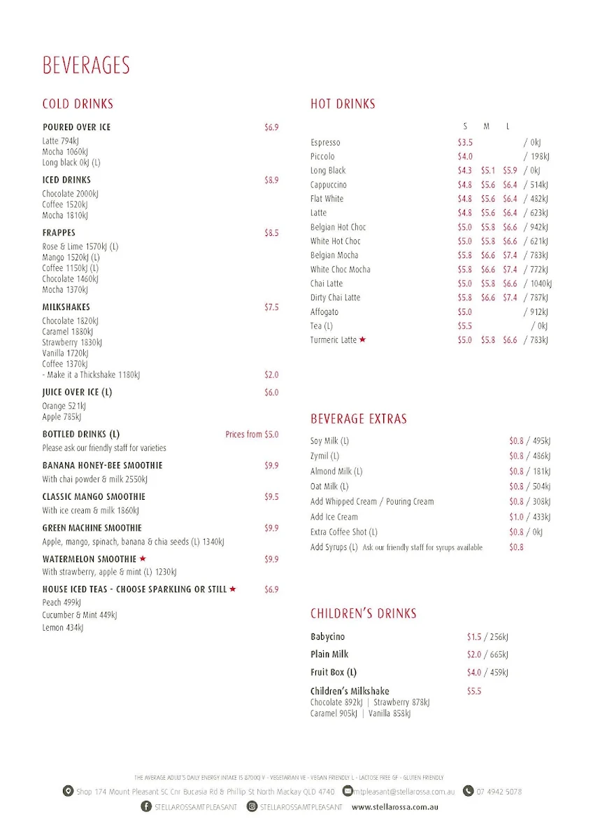 Menu, Stellarossa Mt Pleasant