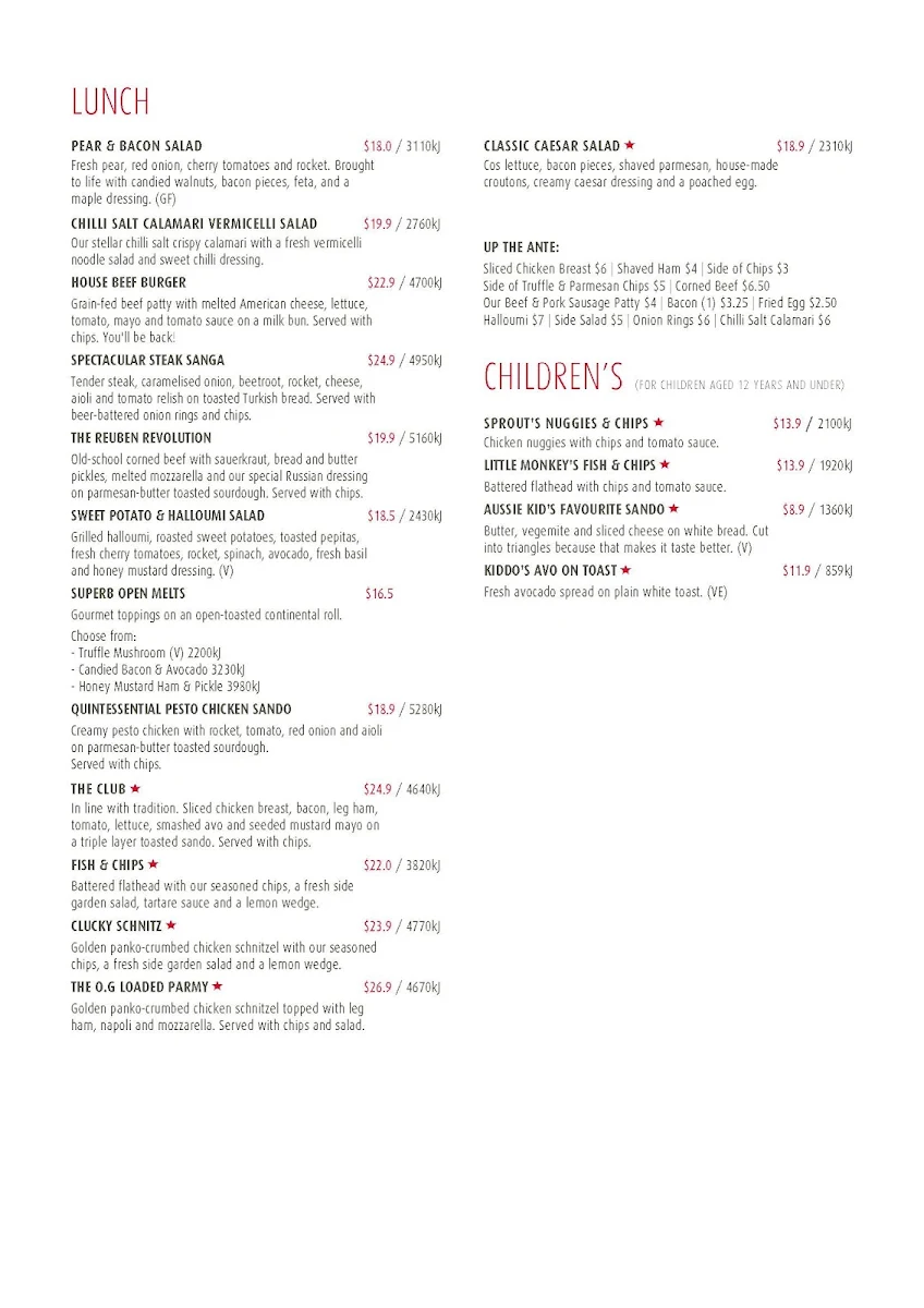 Menu, Stellarossa Mt Pleasant