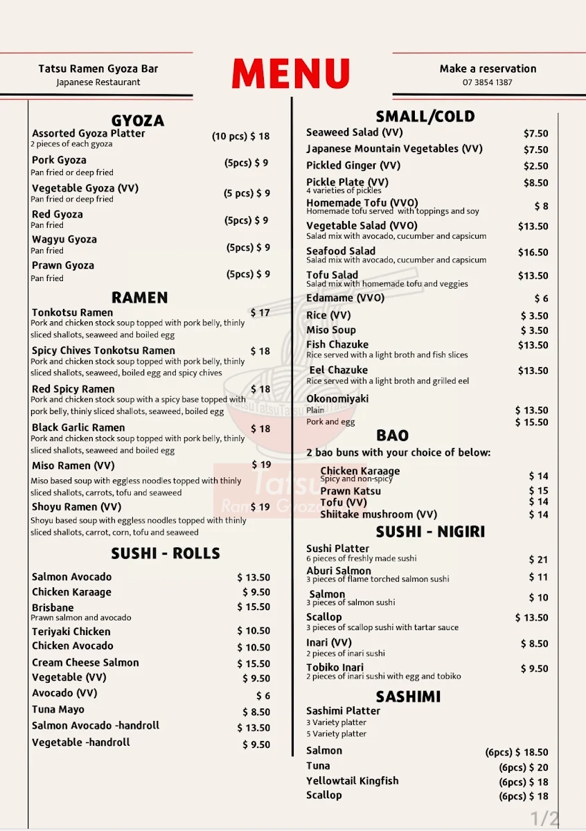 Menu, Tatsu Ramen Gyoza Bar