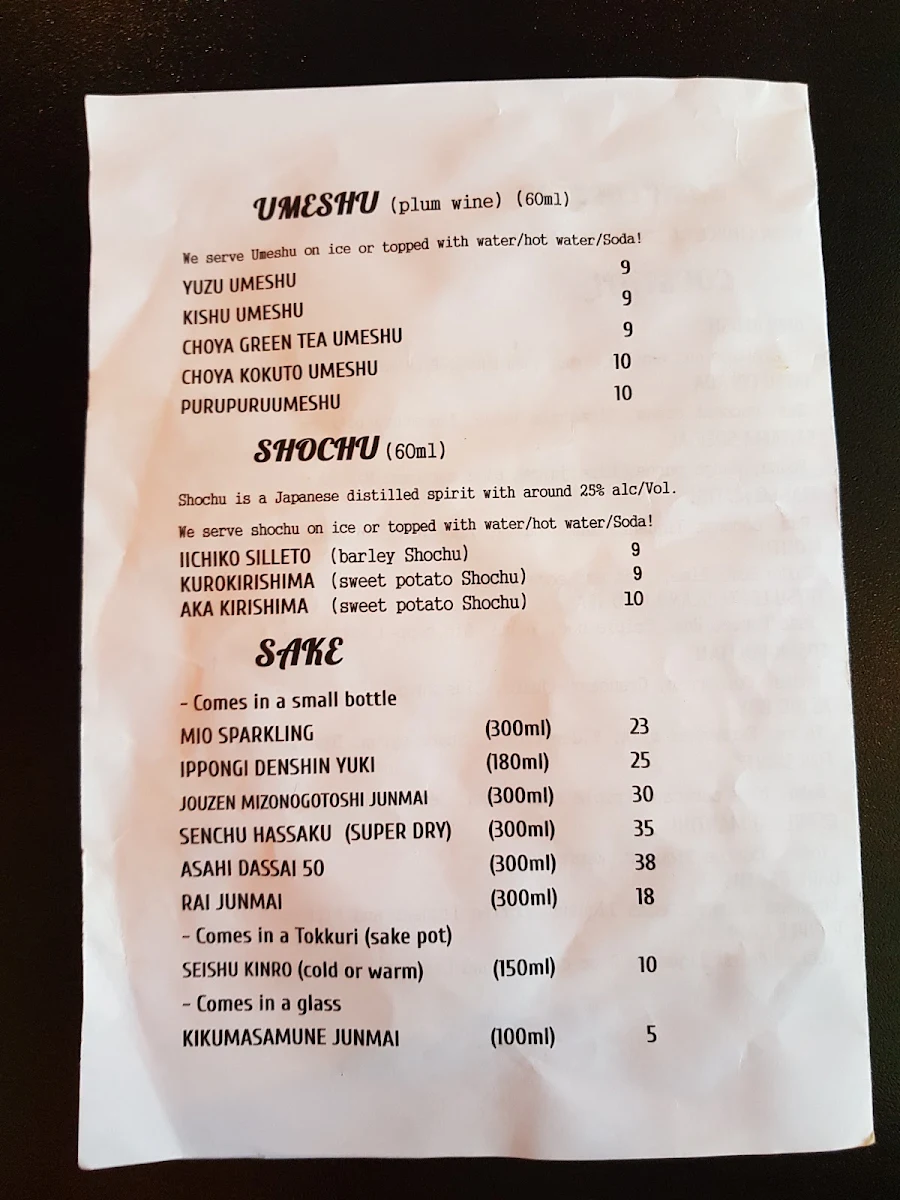 Menu, Tatsu Ramen Gyoza Bar