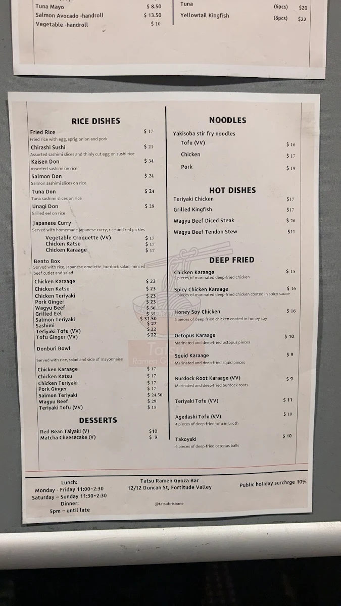Menu, Tatsu Ramen Gyoza Bar
